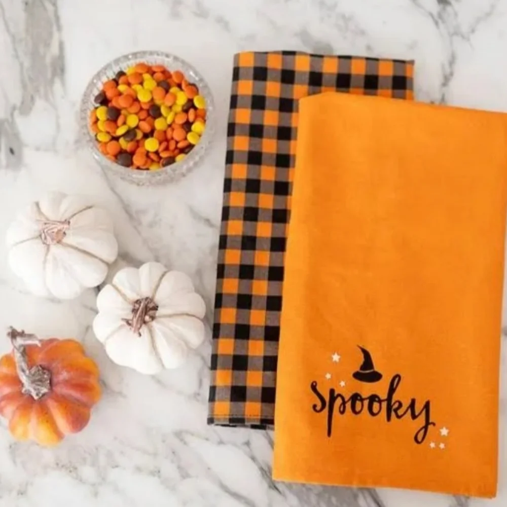 Dish Towels Halloween Set Of 2 Spooky‎ Orange & Black Kitchen Towels NWT